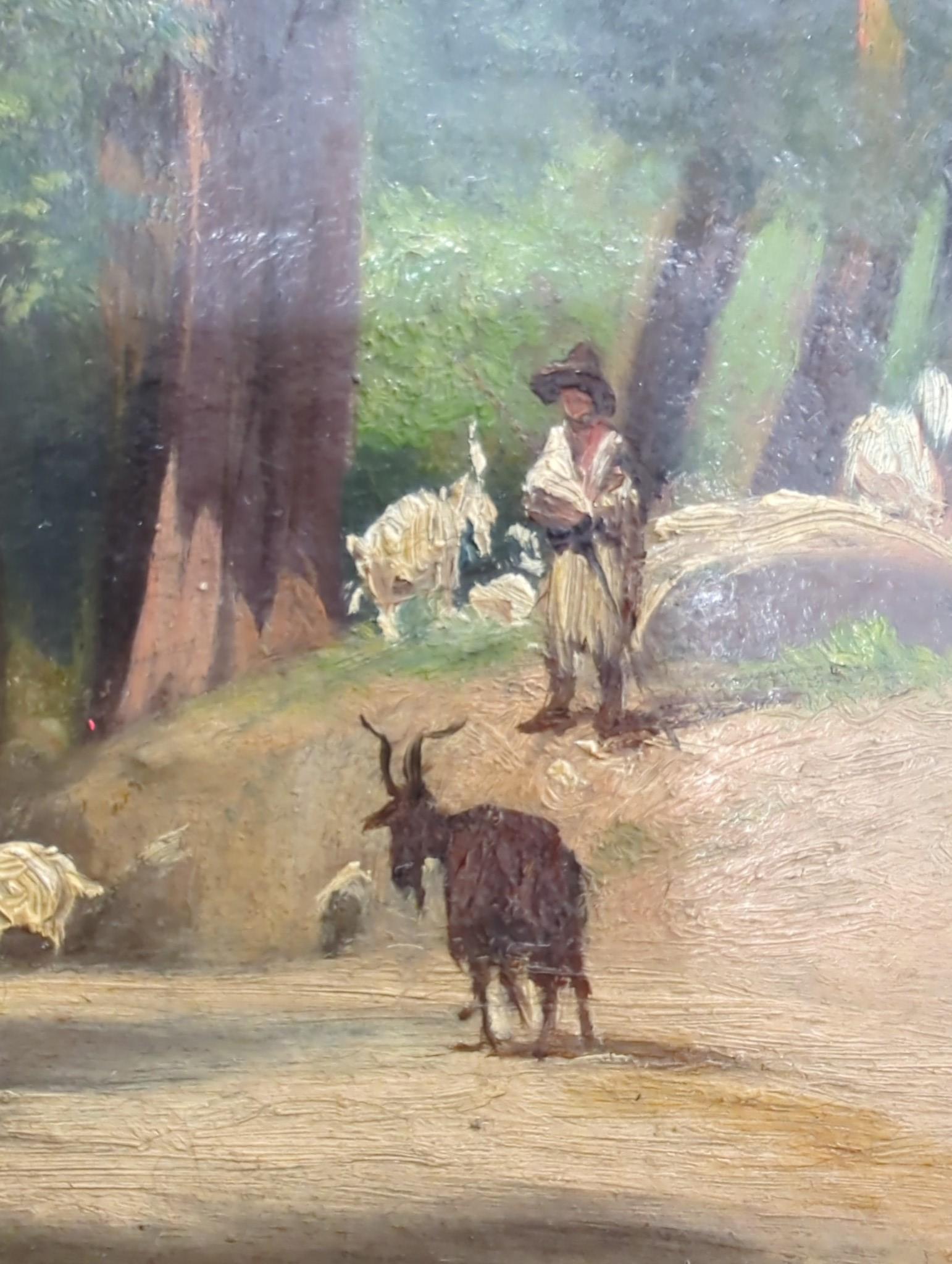 19th century English School, oil on board, Italian goatherders on a woodland path, 26 x 41cm